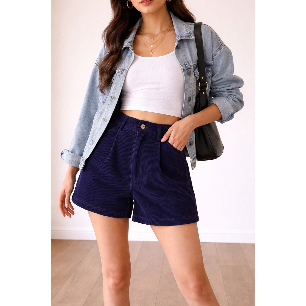 Paris Sport Club Vintage Navy Blue‎ Corduroy Pleated Shorts High Waisted Size 9